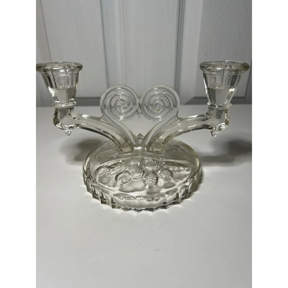 Vintage Jeannette Glass Cosmos Double Candlestick Holder Berry Pattern Base